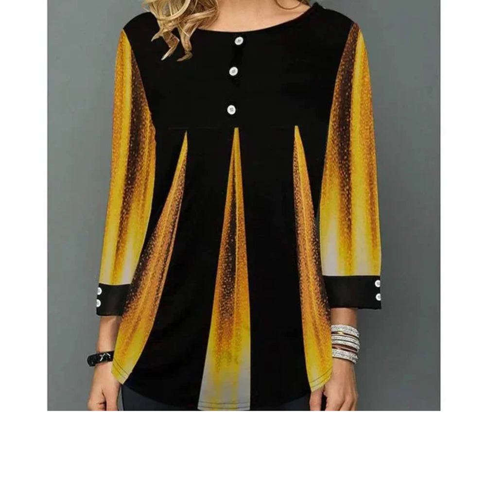 Casual Top Loose Contrast Color Printing Blouse, Round Neck - Size M